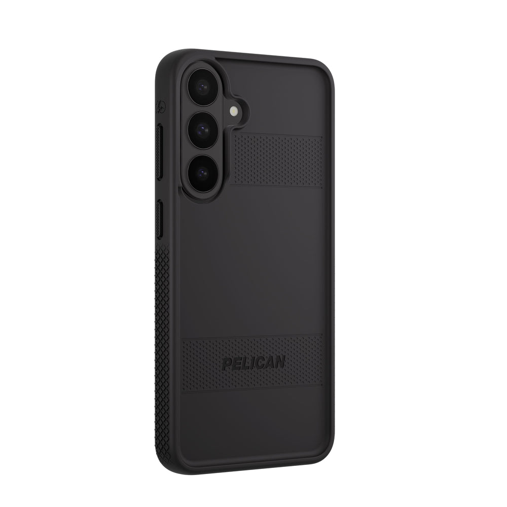 A black Pelican phone case with a textured grip pattern and a debossed brand name, shown on a plain white background.
#color_protector black