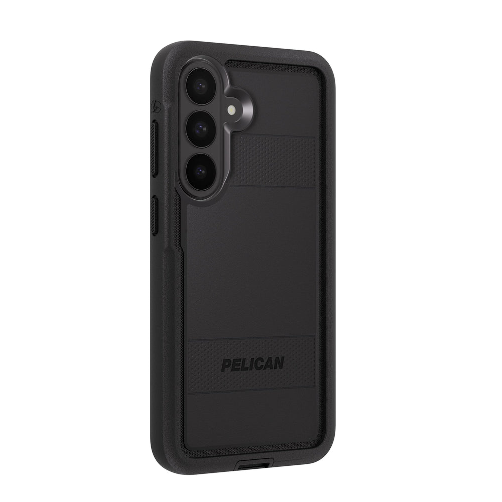 A black Pelican phone case shown from the back, featuring a textured grip panel and a raised camera cutout, on a solid white background.
#color_voyager black