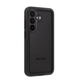 A black Pelican phone case shown from the back, featuring a textured grip panel and a raised camera cutout, on a solid white background.
#color_voyager black