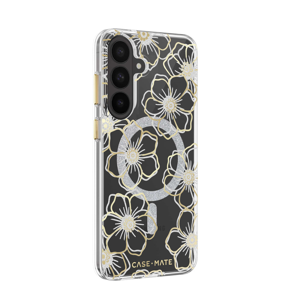 A clear phone case with a black background and a gold floral pattern, featuring a silver glitter circular MagSafe ring and the CASE•MATE brand name at the bottom.
#color_floral gems