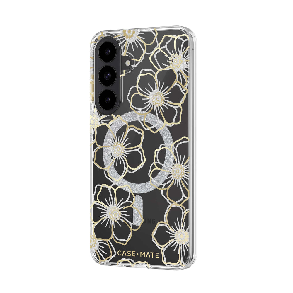 A clear protective phone case with a black background and a gold glittery floral pattern, shown on a white phone. The brand name 'CASE • MATE' is printed in gold at the bottom.
#color_floral gems