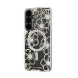 A clear protective phone case with a black background and a gold glittery floral pattern, shown on a white phone. The brand name 'CASE • MATE' is printed in gold at the bottom.
#color_floral gems