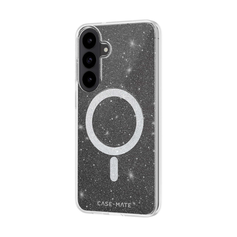 A clear phone case with a black glittery interior featuring a white magnifying glass design and the CASE-MATE brand name, shown on a white background.

#color_sheer twinkle silver