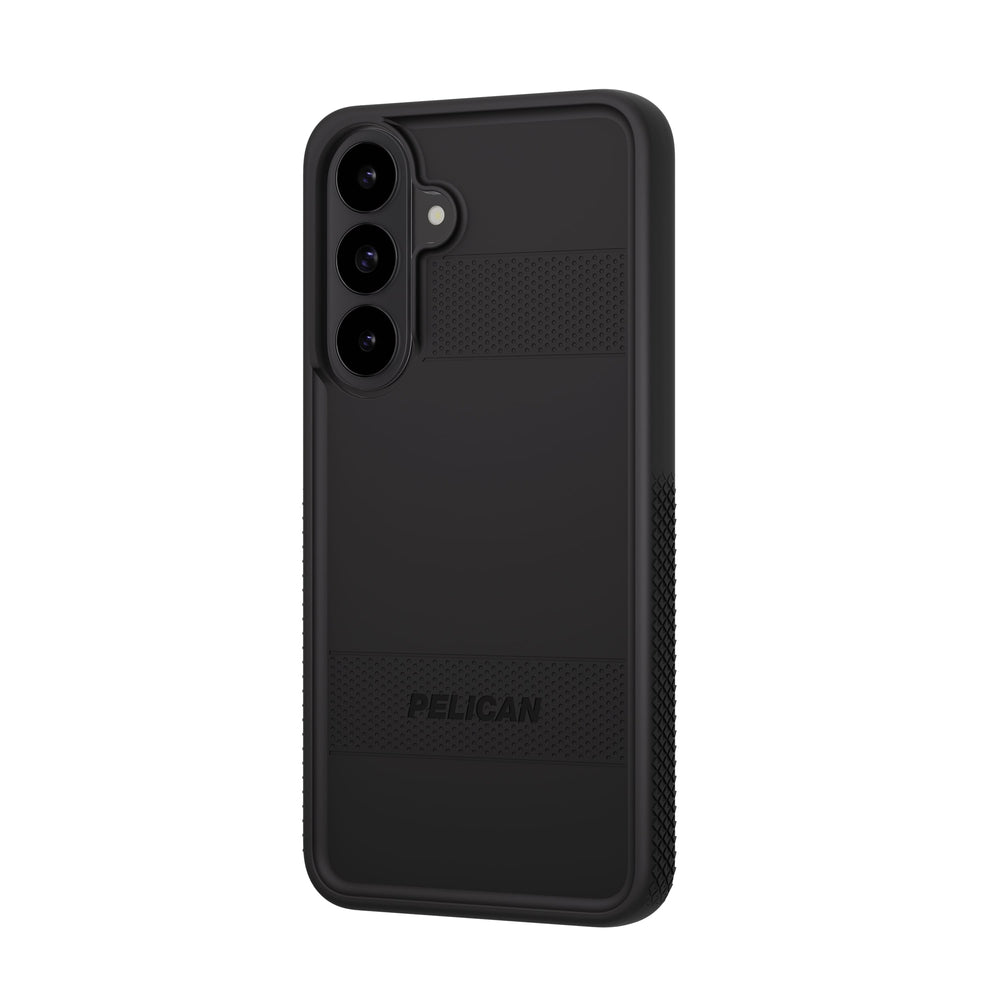 A black protective phone case with a textured grip pattern and the brand name 'PELICAN' printed in black on the lower back, shown on a plain white background.
#color_protector black
