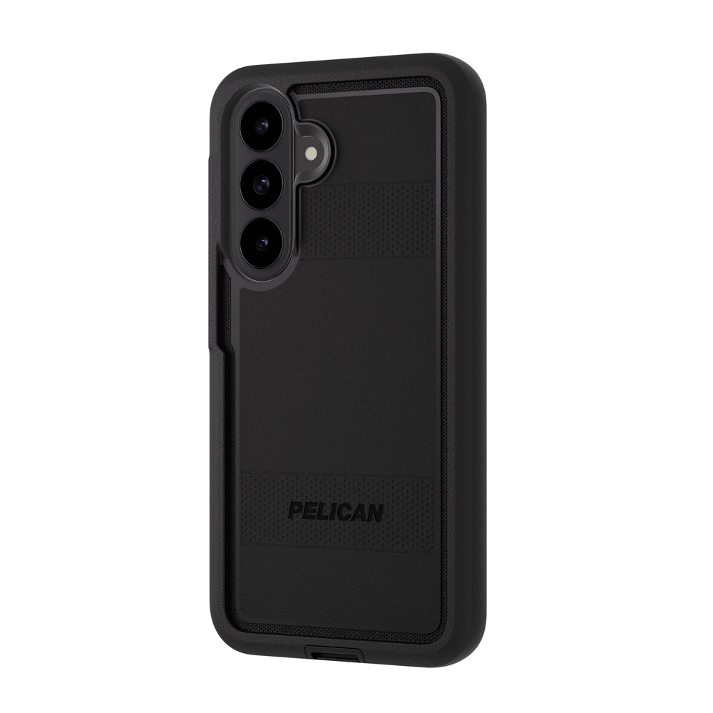 Black Pelican phone case with a textured grip design and a raised camera cutout, shown on a plain white background.

#color_voyager black