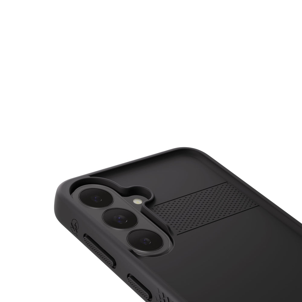 A close-up of a black protective phone case showing the camera cutout, textured grip panel, and side button details against a plain white background.
#color_protector black