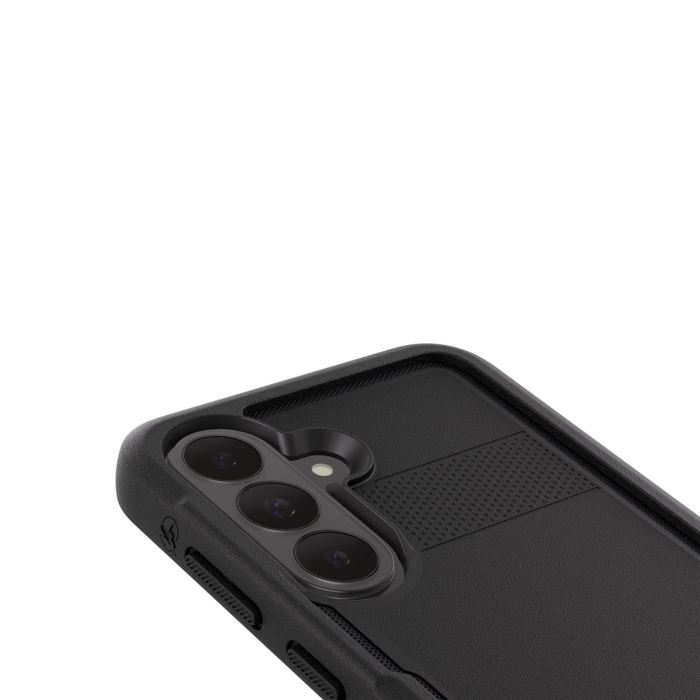 Close-up of a black protective phone case with a textured back panel and raised camera bezel, shown on a white background.

#color_voyager black
