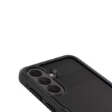 Close-up of a black protective phone case with a textured back panel and raised camera bezel, shown on a white background.

#color_voyager black