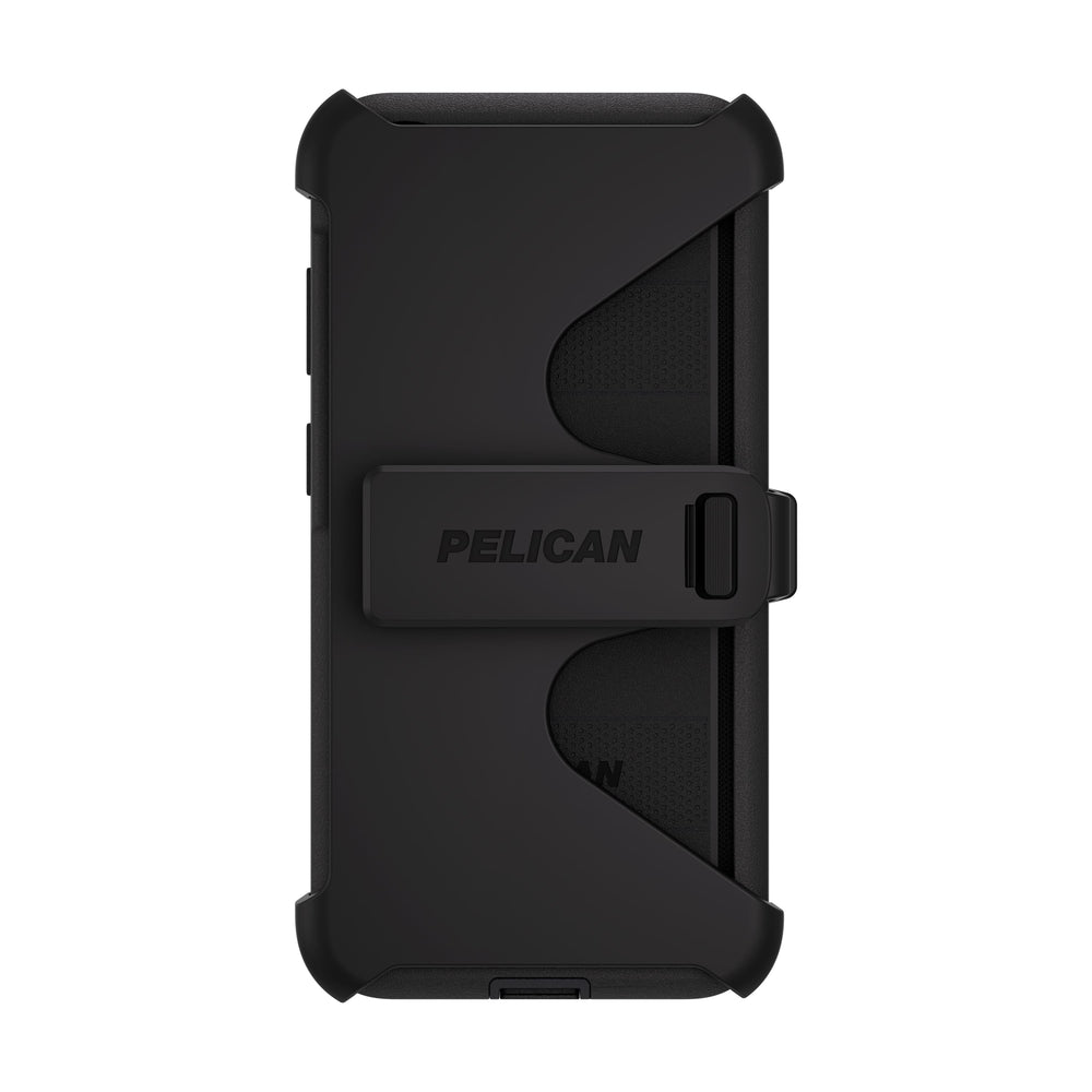 Black Pelican rugged phone case with an integrated belt clip, shown from the back on a solid white background.
#color_voyager black