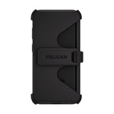 Black Pelican rugged phone case with an integrated belt clip, shown from the back on a solid white background.
#color_voyager black