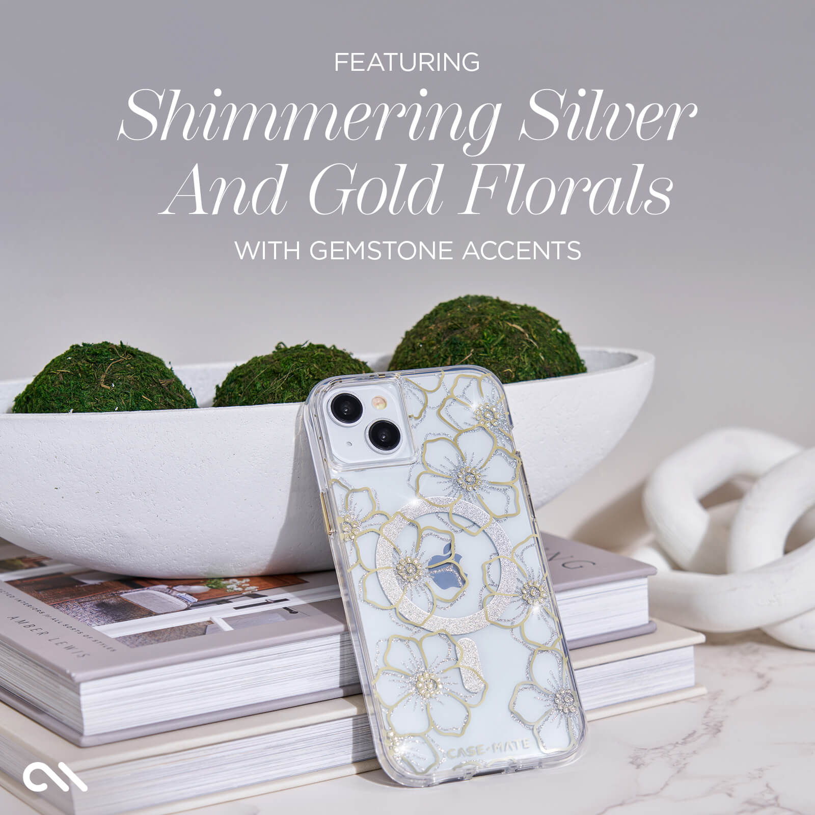 FEATURING SHIMMERING SILVER AND GOLD FLORALS WITH GEMSTONES ACCENTS