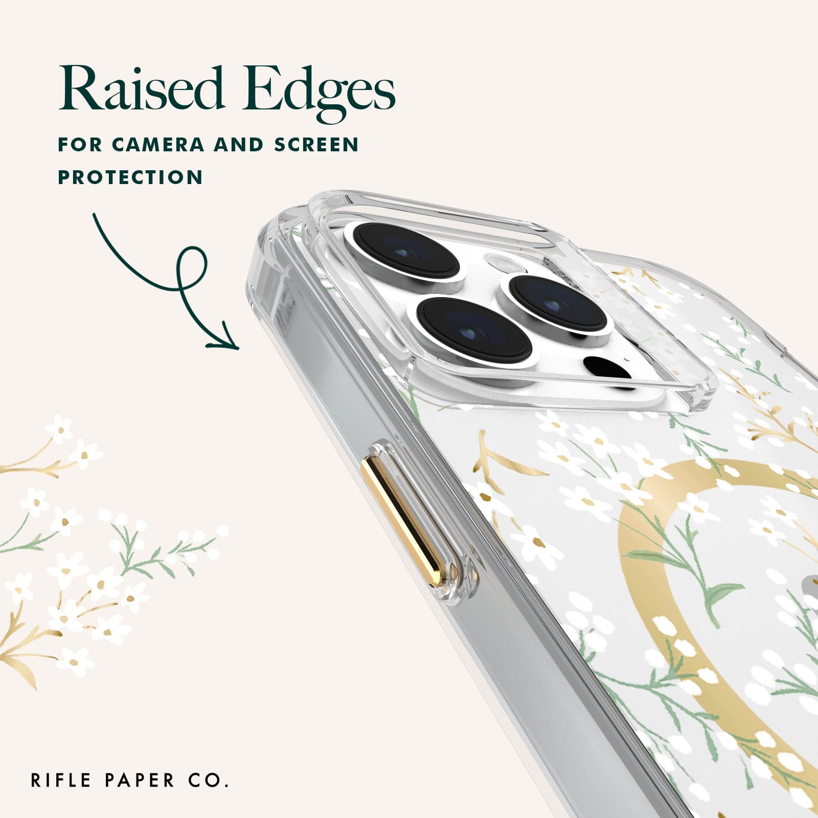 RAISED EDGES FOR CAMERA AND SCREEN PROTECTION.