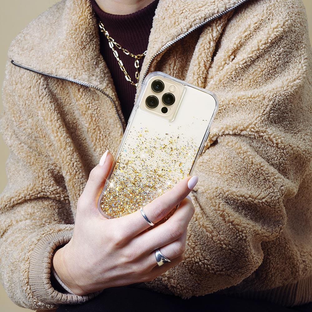 Hand holding Gold sparkly case. color::Twinkle Gold