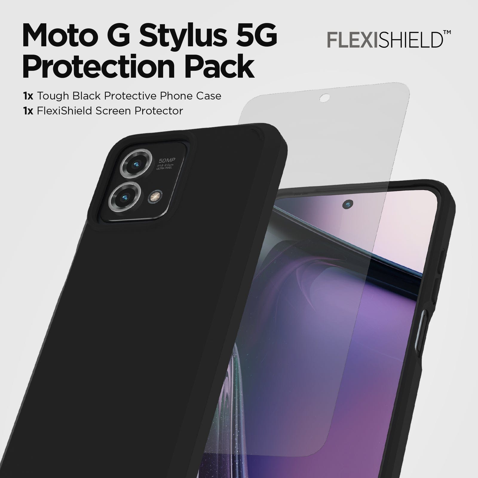 Moto G Stylus 5G Protection Pack. 1x Tough Black Protective Phone Case. 1x Flexishield Screen Protector. 