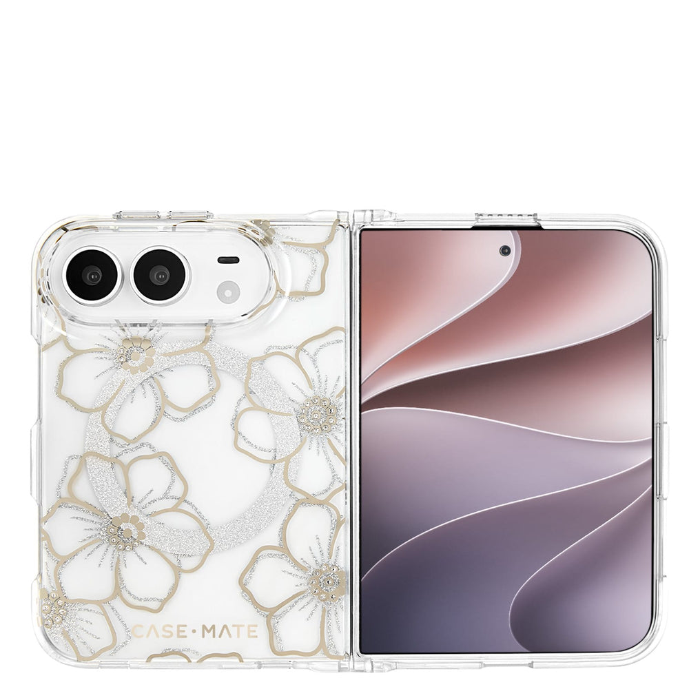 A clear protective phone case with a white floral pattern outlined in gold, shown on a smartphone against a plain white background.

#color_floral gems