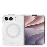 A clear, glittery phone case with a circular MagSafe ring, shown on a foldable smartphone. The phone is open, displaying a pink and purple abstract wallpaper, against a solid white background.
#color_sheer twinkle silver