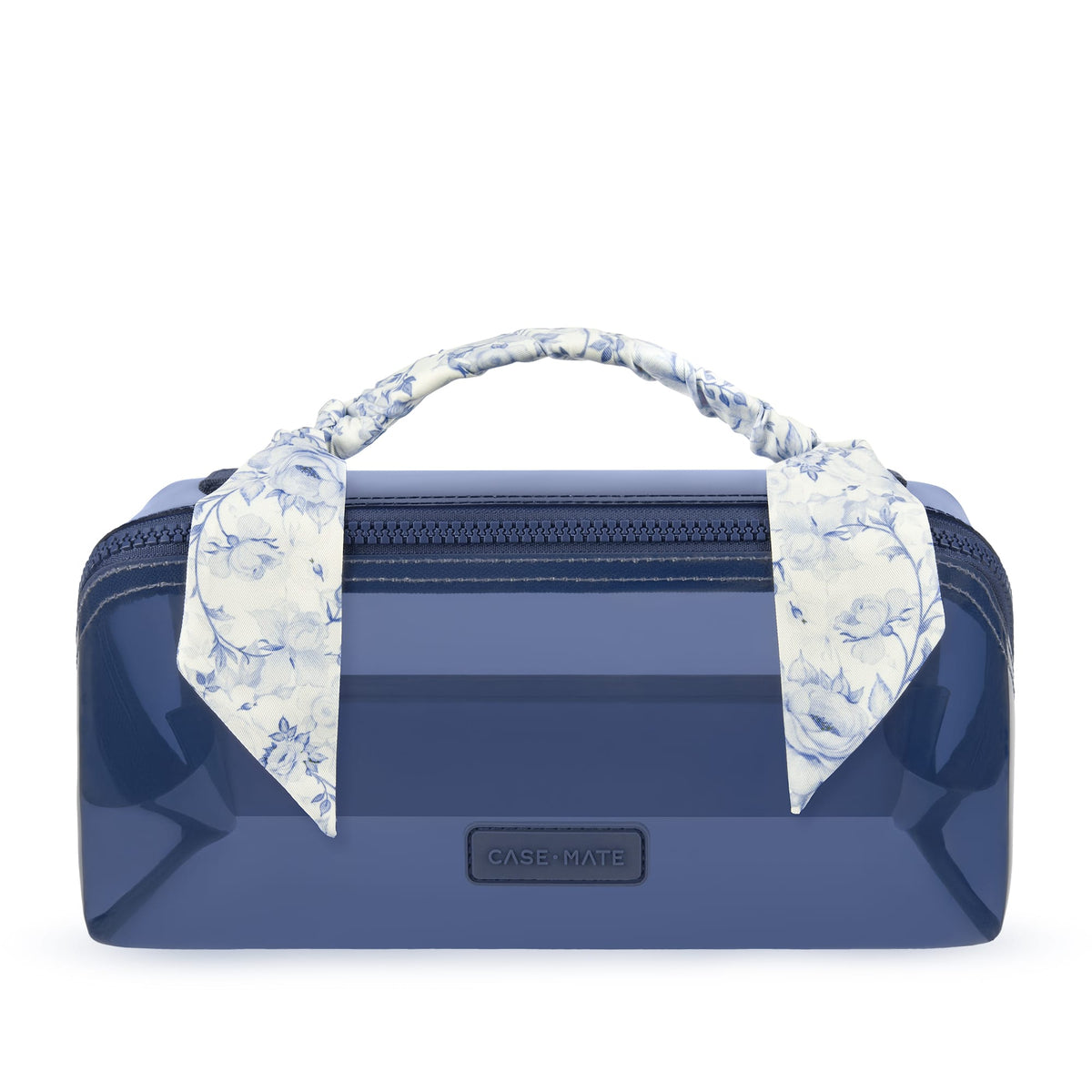 A glossy navy blue Case-Nate cosmetic case with a top zipper, a matching fabric handle, and a blue-and-white floral scarf tied to the handle, shown on a white background.
#color_something navy twilly