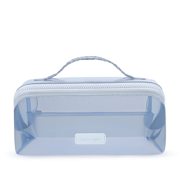 A light blue translucent zippered cosmetic bag with a top handle and a small 'CASE+MATE' brand plaque on the front, shown on a plain white background.
#color_carolina blue crochet wave