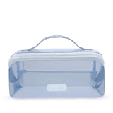 A light blue translucent zippered cosmetic bag with a top handle and a small 'CASE+MATE' brand plaque on the front, shown on a plain white background.
#color_carolina blue crochet wave
