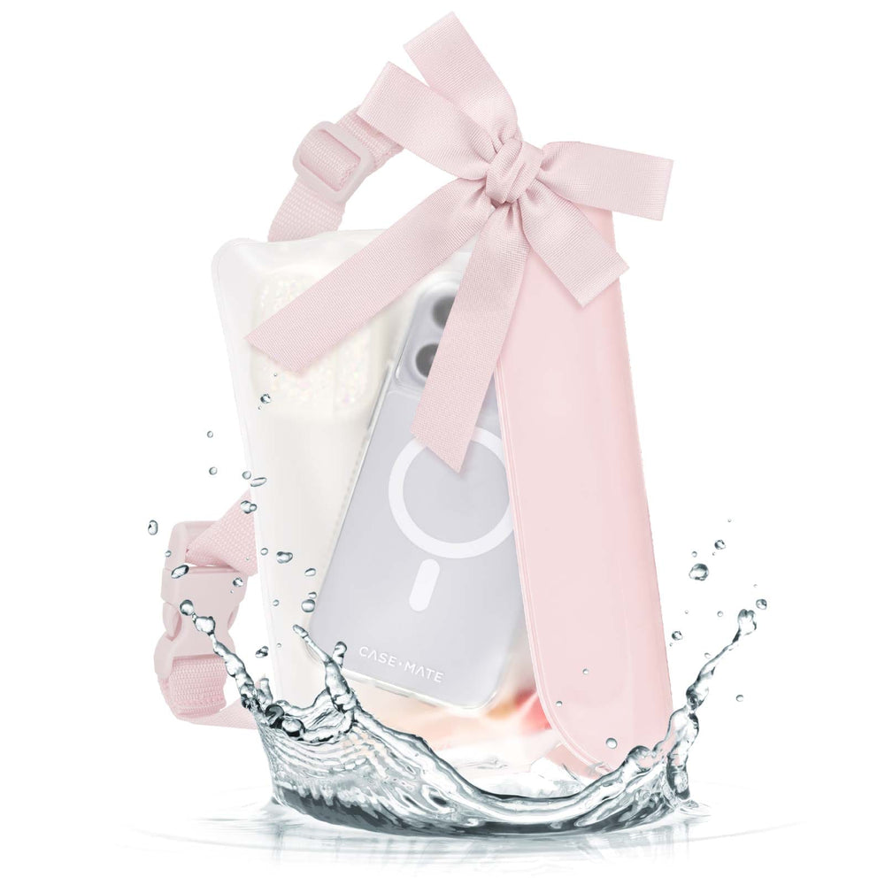 Belt bag on white background with phone and small accessories inside 
#color_ballet pink bow
