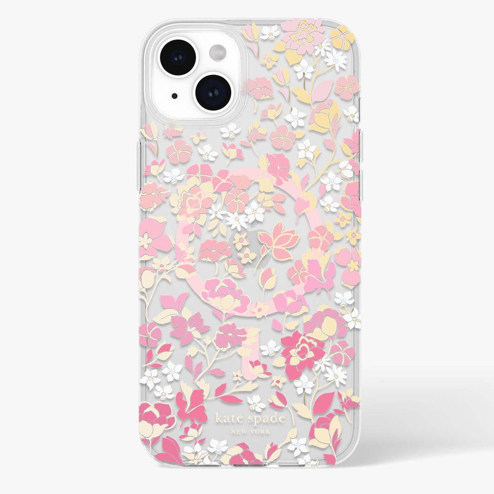 Clear iPhone 15 Plus case with pink, yellow, and white floral pattern and kate spade branding.