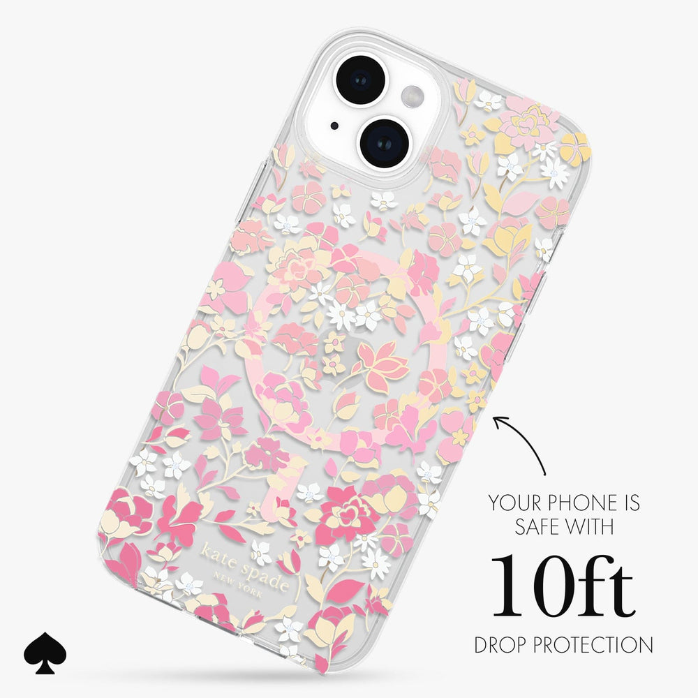 Clear iPhone 15 Plus case with pink, yellow, and white floral pattern throughout and protective bumper around camera cutout.