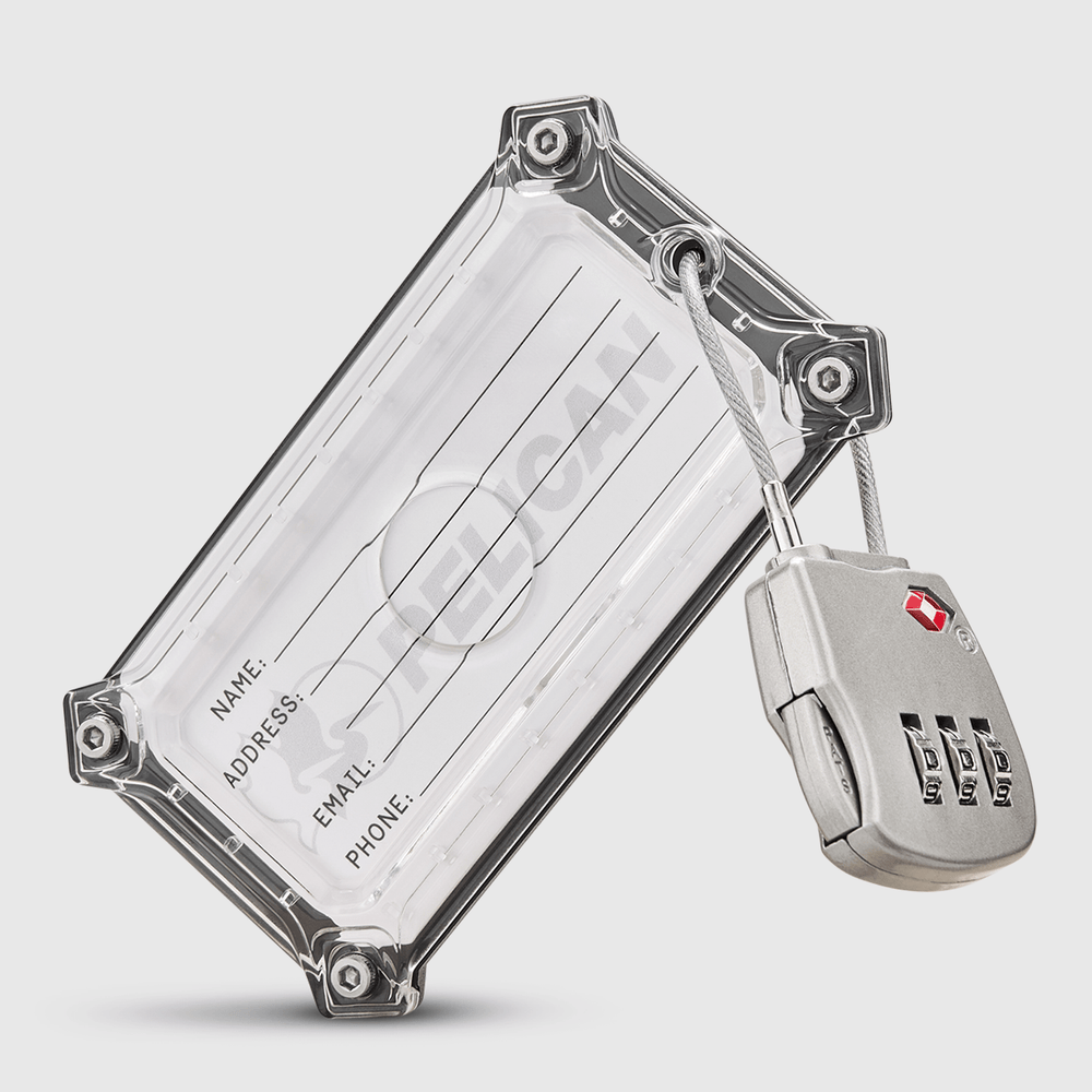 Brushed aluminum luggage tag with clear ID window and attached three-digit combination lock.