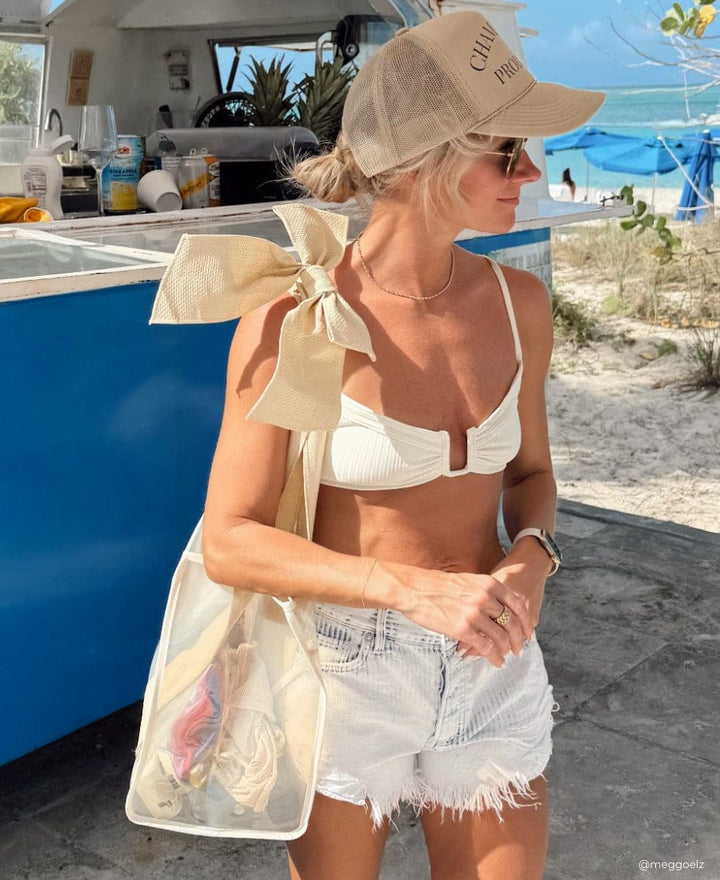 Girl with Ecru Raffia Jelly Tote Bag at the beach