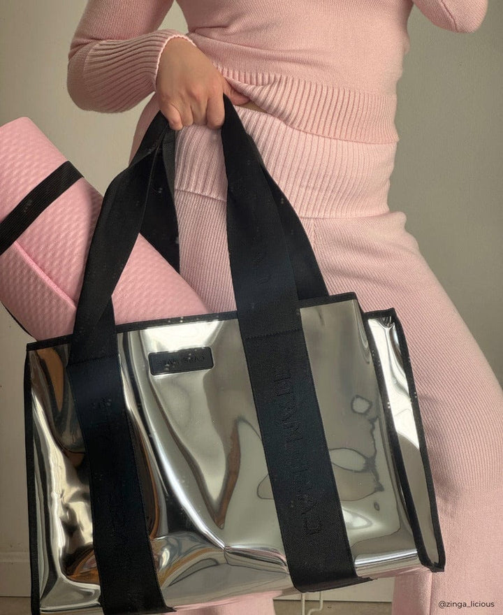 Pilates girl with Silver Chrome Jelly Tote