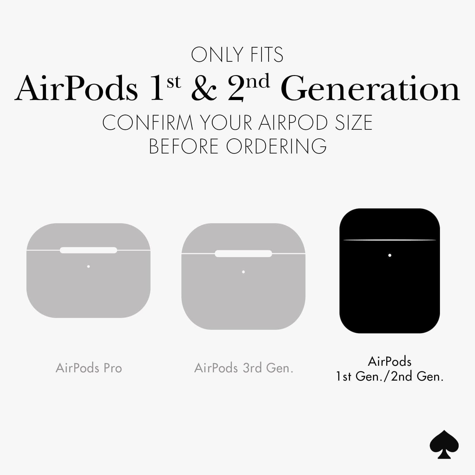 ONLY FITS AIRPODS 1ST AND 2ND GENERATION. CONFIRM YOUR AIRPOD SIZE BEFORE ORDERING
