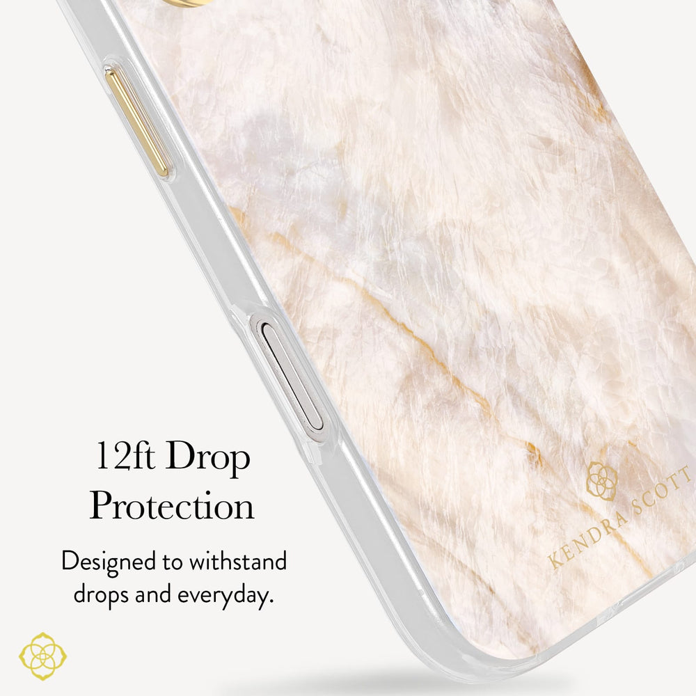 A close-up of a phone case with a cream and beige faux fur texture and subtle gold veining, shown with text highlighting 12ft drop protection and designed withstand drops and everyday and the KENDRA SCOTT brand logo.

#color_champagne oyster pearl