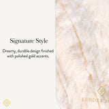 A close-up of a luxurious cream and beige faux fur or suede material with elegant gold veining, set next to descriptive text that reads 'Signature Style' and 'Dreamy, durable design finished with polished gold accents.'

#color_champagne oyster pearl
