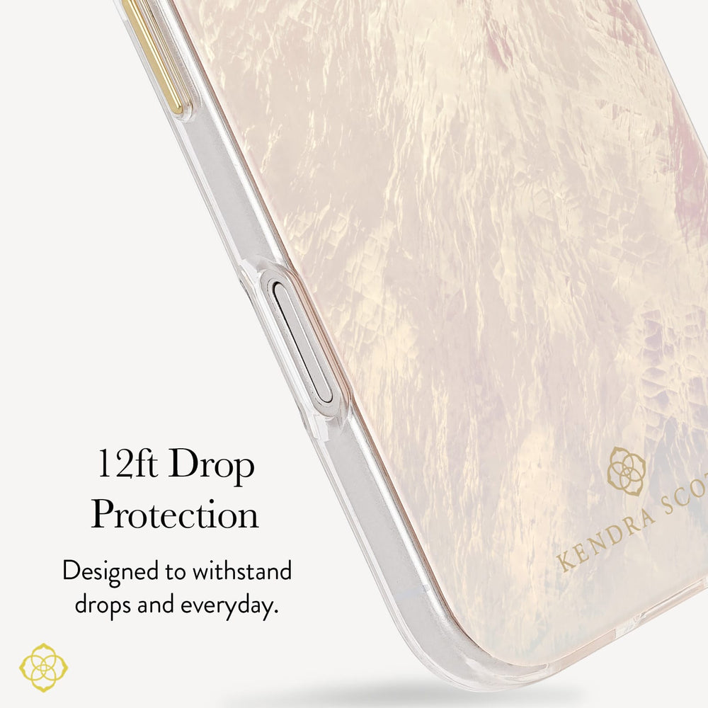 A close-up of a clear phone case with a soft iridescent blush and pale gold marbled pattern, shown on a phone edge. Text on the left reads '12ft Drop Protection' and 'Designed to withstand drops and everyday.
#color_cream pearl 