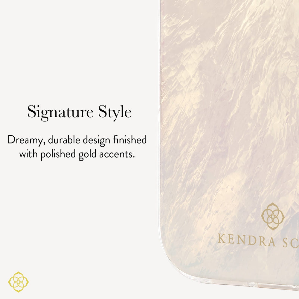 A close-up of a phone case with a soft iridescent pearl finish and gold accents, next to descriptive text that reads 'Signature Style' and 'Dreamy, durable design finished with polished gold accents.' 
#color_cream pearl