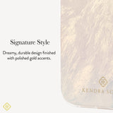 A close-up of a phone case with a soft iridescent pearl finish and gold accents, next to descriptive text that reads 'Signature Style' and 'Dreamy, durable design finished with polished gold accents.' 
#color_cream pearl