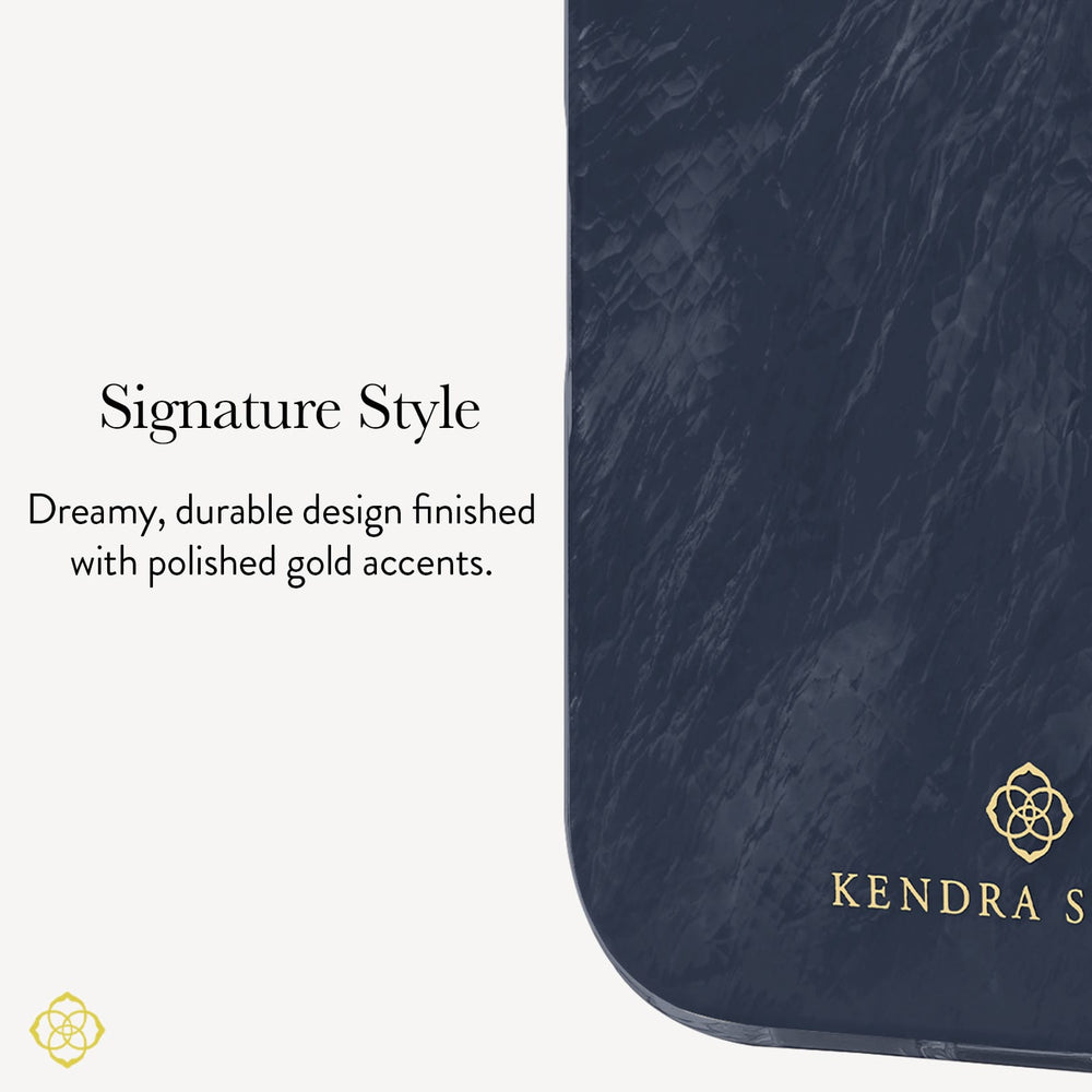 A close-up of a dark navy textured product surface with gold branding and the text 'Signature Style' on a light background.
#color_navy pearl