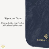 A close-up of a dark navy textured product surface with gold branding and the text 'Signature Style' on a light background.
#color_navy pearl