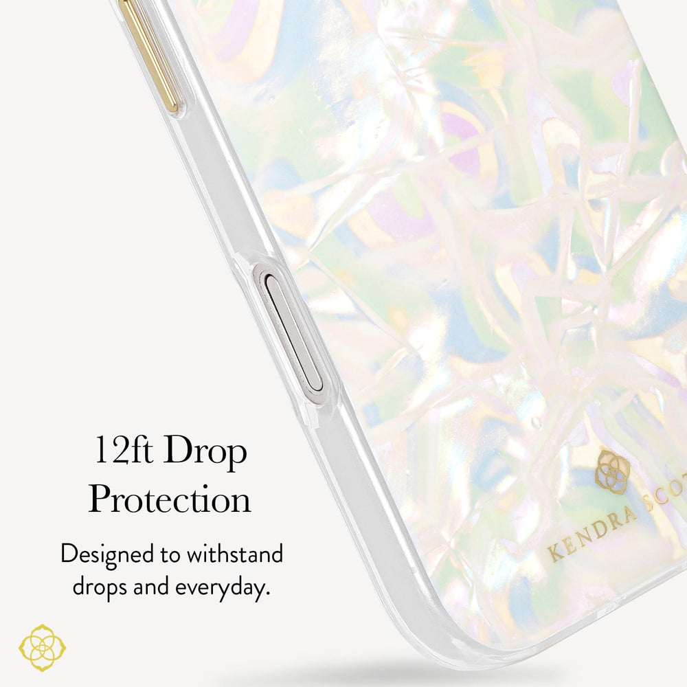 A close-up of a clear phone case with an iridescent, holographic pattern in pastel colors, featuring gold branding and text that reads '12ft Drop Protection' and 'Designed to withstand drops and everyday.'.

#color_opalite pearl