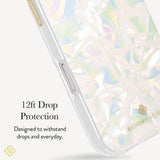 A close-up of a clear phone case with an iridescent, holographic pattern in pastel colors, featuring gold branding and text that reads '12ft Drop Protection' and 'Designed to withstand drops and everyday.'.

#color_opalite pearl