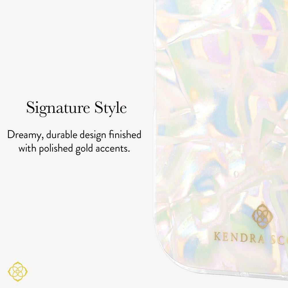 A close-up of a transparent iridescent phone case with holographic pastel reflections and gold branding, shown next to text reading 'Signature Style' and 'Dreamy, durable design finished with polished gold accents.'.

#color_opalite pearl