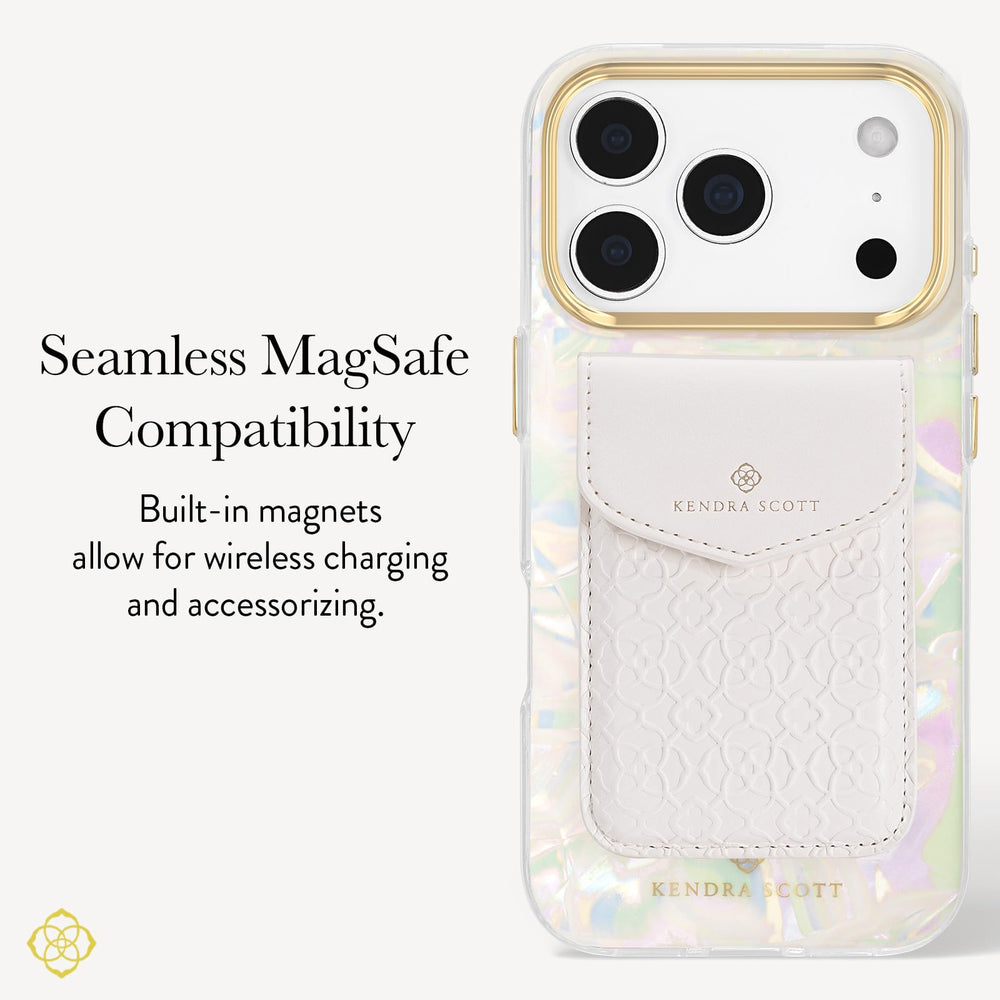 A clear phone case with an iridescent pearlized edge, a white textured leather card pocket, and a gold-toned camera ring, shown on a phone. Text on the left reads 'Seamless MagSafe Compatibility' and 'Built-in magnets allow for wireless charging and accessorizing.

#color_opalite pearl