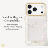 A clear phone case with an iridescent pearlized edge, a white textured leather card pocket, and a gold-toned camera ring, shown on a phone. Text on the left reads 'Seamless MagSafe Compatibility' and 'Built-in magnets allow for wireless charging and accessorizing.

#color_opalite pearl