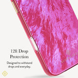 A close-up of a pink phone case with a textured, cracked-look surface and a translucent magenta bumper edge. Text on the left reads '12ft Drop Protection' and 'Designed to withstand drops and everyday.
#color_raspberry pearl
