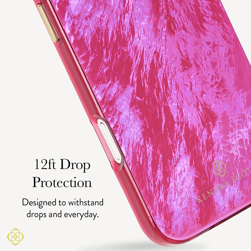 A close-up of a pink phone case with a textured, cracked-look surface and a translucent magenta bumper edge. Text on the left reads '12ft Drop Protection' and 'Designed to withstand drops and everyday.

#color_raspberry pearl