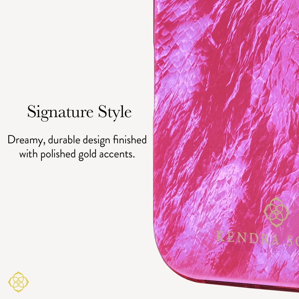 A close-up of a pink marbled or textured product surface with rounded corners and small gold branding, next to text reading 'Signature Style' and a descriptive phrase about dreamy durable design with polished gold accents.
#color_raspberry pearl