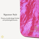 A close-up of a pink marbled or textured product surface with rounded corners and small gold branding, next to text reading 'Signature Style' and a descriptive phrase about dreamy durable design with polished gold accents.
#color_raspberry pearl