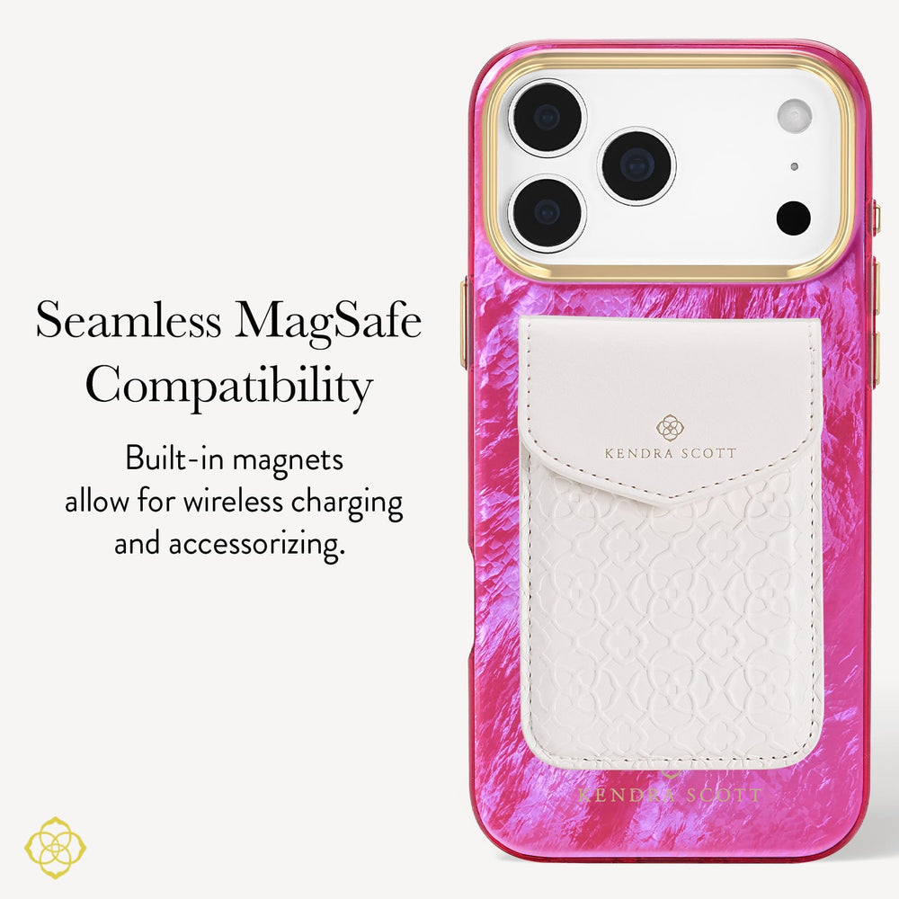 A pink marbled phone case with a white textured card holder pocket and gold-toned camera surround, shown on a light gray background with marketing text about seamless MagSafe compatibility. The brand Kendra Scott is visible on the pocket.

#color_raspberry pearl
