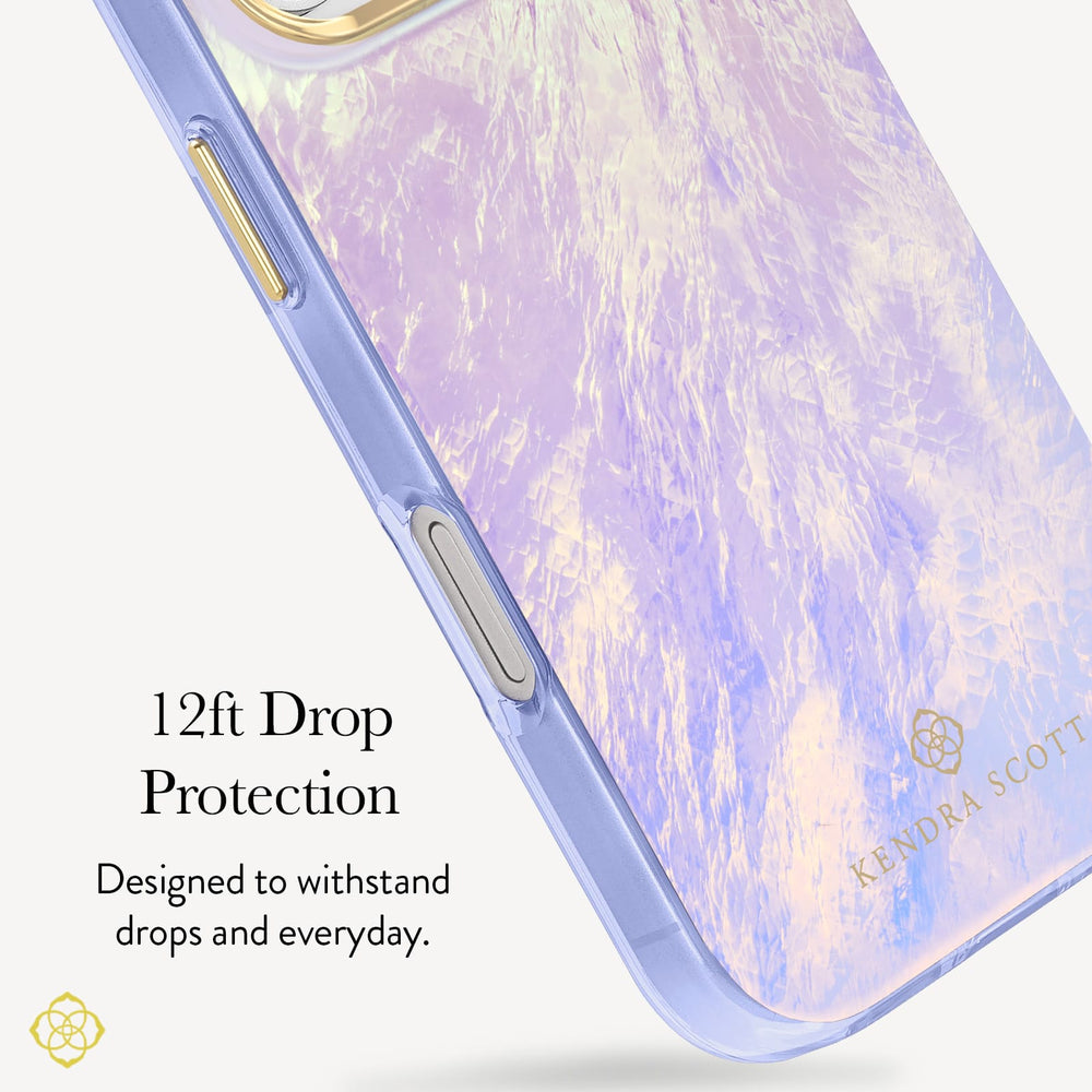 A close-up of a Kendra Scott phone case with a lavender and cream marbled pattern and a translucent purple bumper, shown with text highlighting 12ft drop protection and designed to withstand drops and everyday
#color_blue pearl