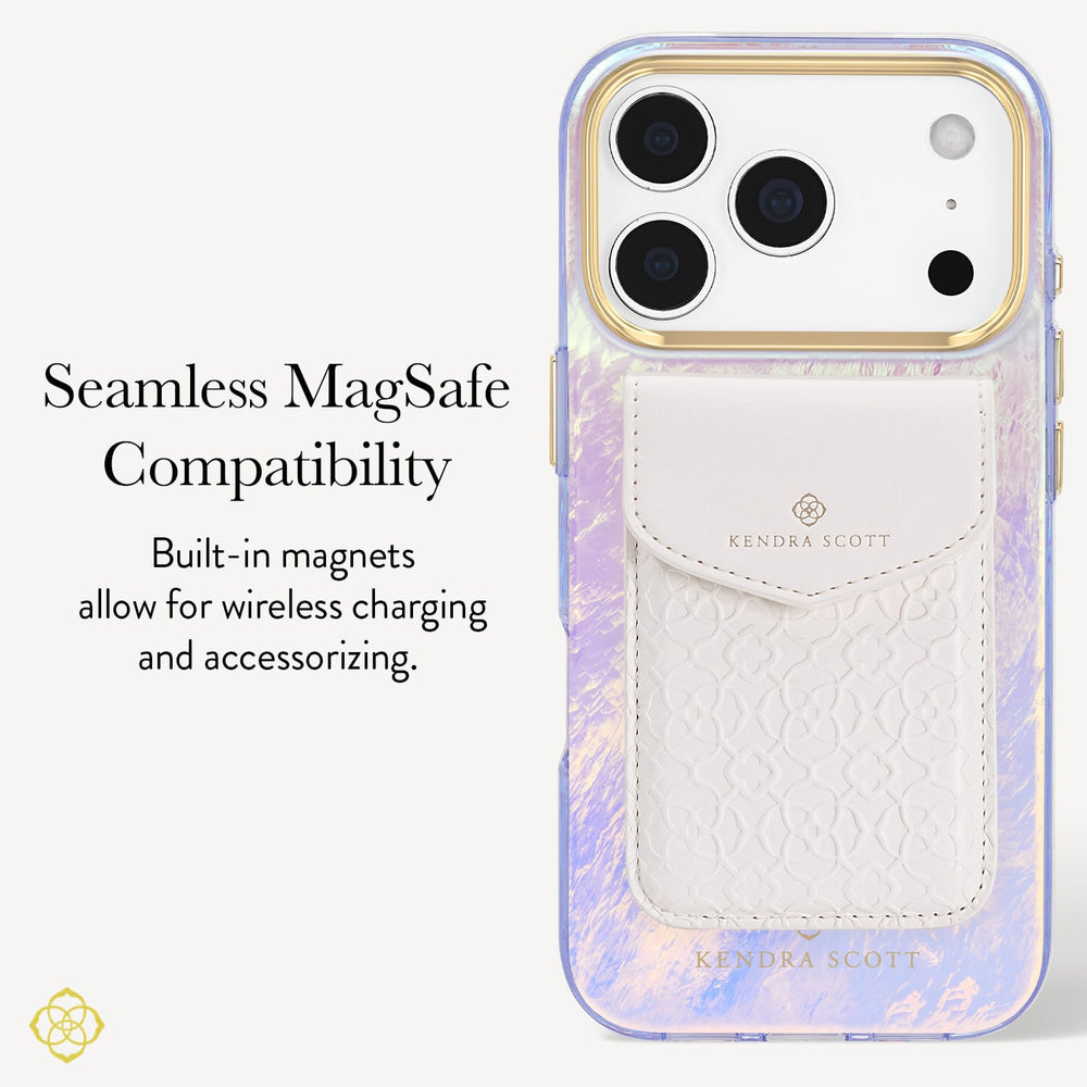 A Kendra Scott phone case with a white textured MagSafe card holder pocket and gold-toned camera ring, shown on a light gray background with text highlighting seamless MagSafe compatibility.

#color_blue pearl