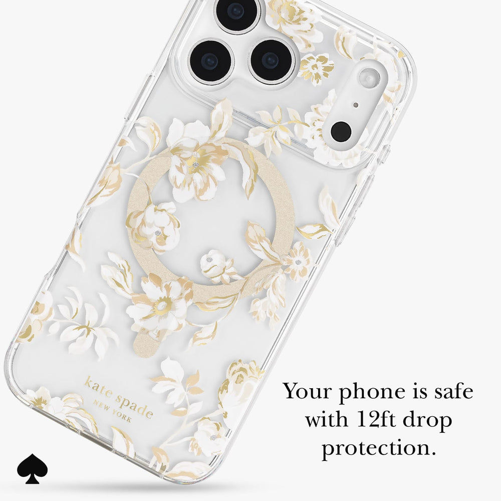 A clear phone case with a white and gold floral design, shown on a phone. The case features a circular magnetic ring and the brand name 'kate spade NEW YORK' printed near the bottom.
Your phone is safe with 12 foot drop protection
#color_autumn toile